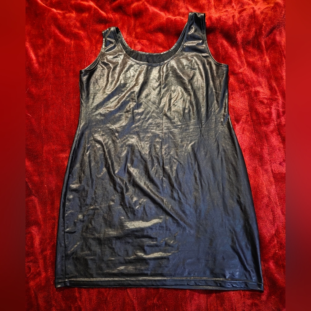 Black Wetlook Leather Look Sleeveless Dress - Size XL